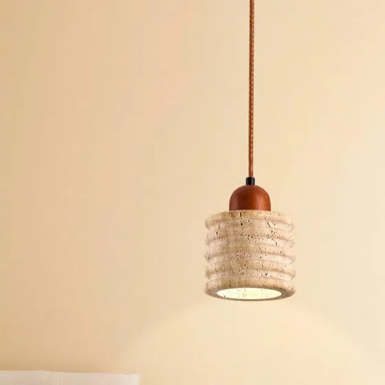 H14cm Natural Stone LED Pendant Lamp in Wood and Yellow Travertine, product photograph