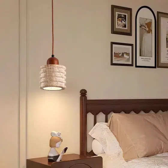 H14cm Natural Stone LED Pendant Lamp in Wood and Yellow Travertine, detail view