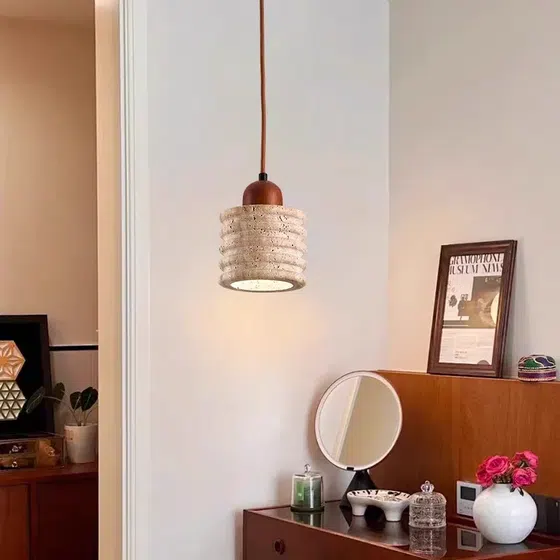 H14cm Natural Stone LED Pendant Lamp in Wood and Yellow Travertine, installed view