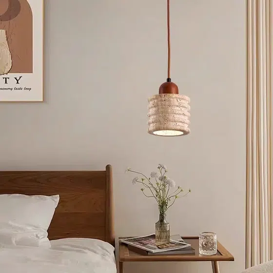 H14cm Natural Stone LED Pendant Lamp in Wood and Yellow Travertine, scale view