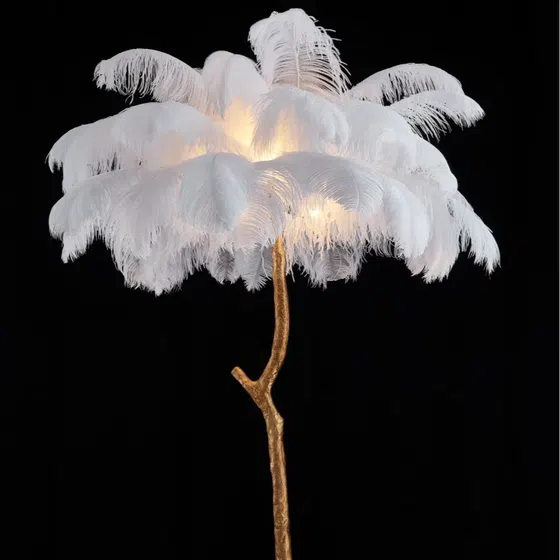 H160CM Feather Palm Tree Floor Lamp in Copper and Feather, product photograph