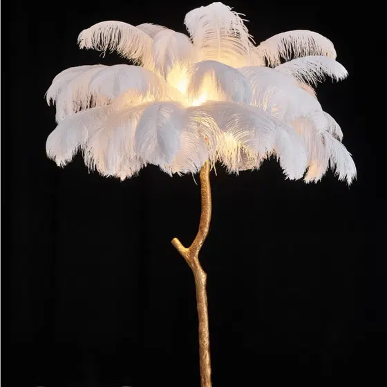 H160CM Feather Palm Tree Floor Lamp in Copper and Feather, detail view