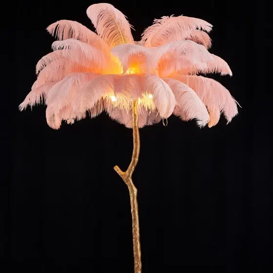 H160CM Feather Palm Tree Floor Lamp in Copper and Feather, installed view