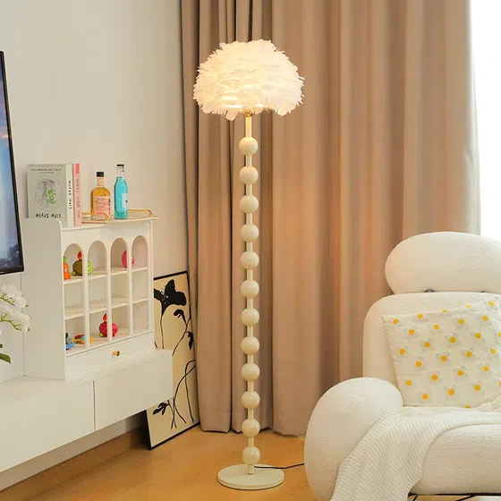 H160cm Gold Feather Floor Lamp in Hardware and Feather, product photograph