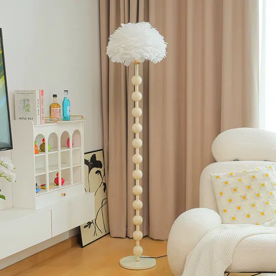 H160cm Gold Feather Floor Lamp in Hardware and Feather, detail view