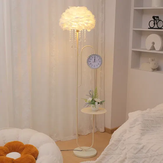 H165CM Cream Feather Hardware LED Floor Lamp in Hardware and Feather, detail view
