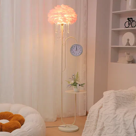 H165CM Cream Feather Hardware LED Floor Lamp in Hardware and Feather, installed view