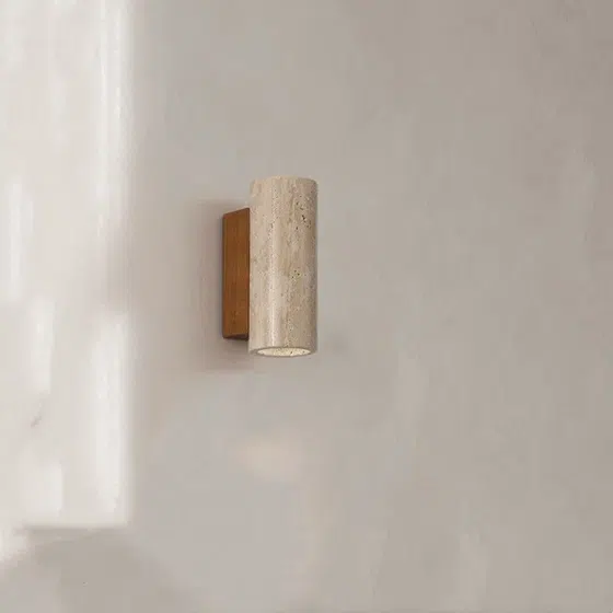 H16cm Wood Stone LED Wall Light in Wood and Yellow Travertine, detail view