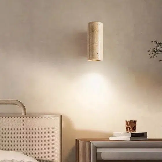 H16cm Wood Stone LED Wall Light in Wood and Yellow Travertine, installed view