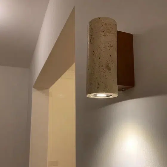 H16cm Wood Stone LED Wall Light in Wood and Yellow Travertine, scale view