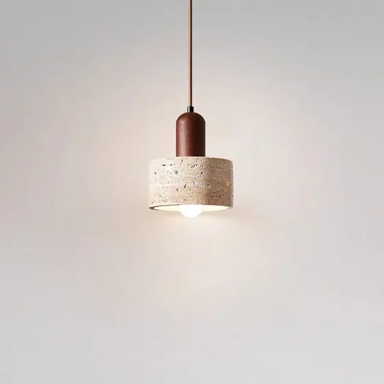 H16cm Yellow Travertine LED Pendant Lamp in Wood and Yellow Travertine, product photograph