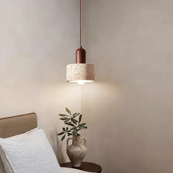 H16cm Yellow Travertine LED Pendant Lamp in Wood and Yellow Travertine, detail view