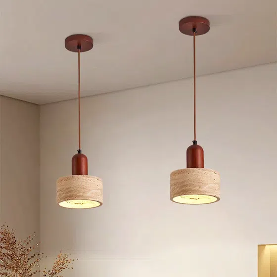 H16cm Yellow Travertine LED Pendant Lamp in Wood and Yellow Travertine, installed view