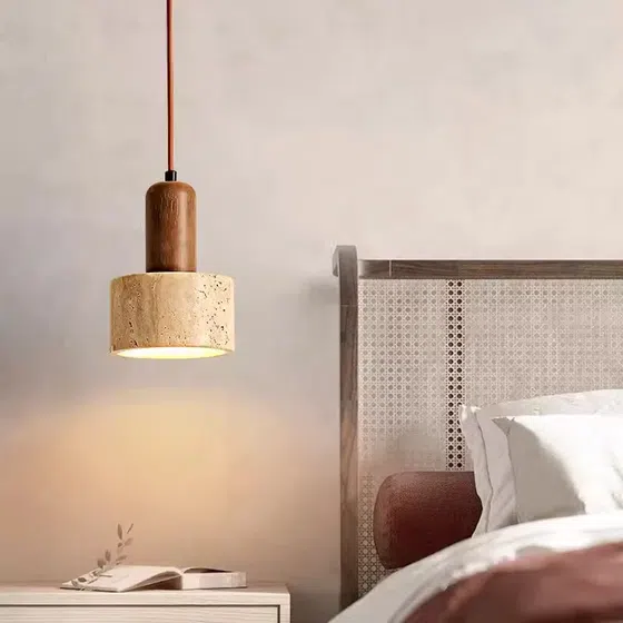 H16cm Yellow Travertine LED Pendant Lamp in Wood and Yellow Travertine, scale view