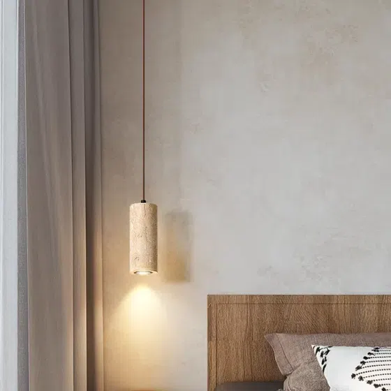 H16cm Yellow Travertine Pendant Light in Yellow Travertine and Wood and Metal, product photograph
