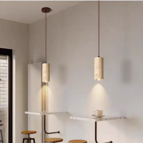 H16cm Yellow Travertine Pendant Light in Yellow Travertine and Wood and Metal, installed view