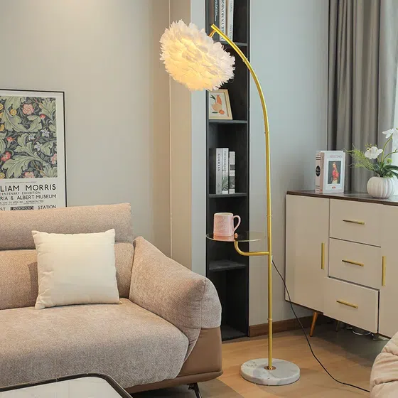 H170CM E27/E26 Feather Floor Light in Hardware and Feather, detail view
