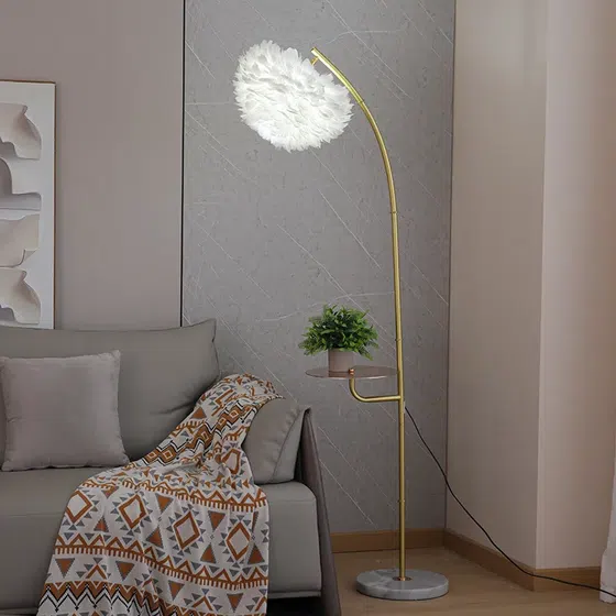 H170CM E27/E26 Feather Floor Light in Hardware and Feather, installed view