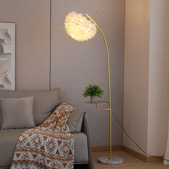 H170CM E27/E26 Feather Floor Light in Hardware and Feather, scale view