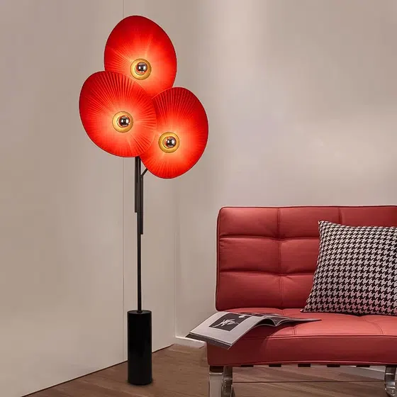 H180CM Yellow Red Blue Flower Floor Light in Hardware and Marble and Fabric, installed view