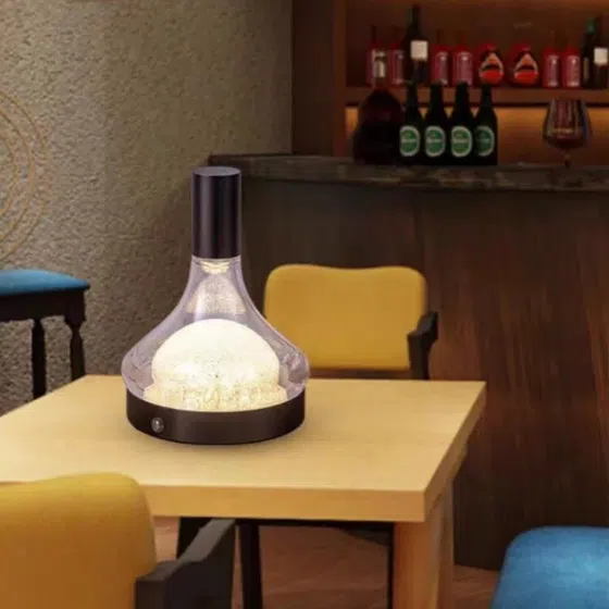 H18cm Copper Wine Bottle Table Light in Aluminum and PS, installed view