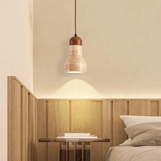 H18cm Natural Stone LED Pendant Lamp in Wood and Yellow Travertine, product photograph