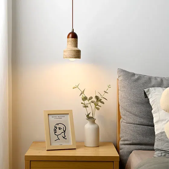 H18cm Natural Stone LED Pendant Lamp in Wood and Yellow Travertine, detail view