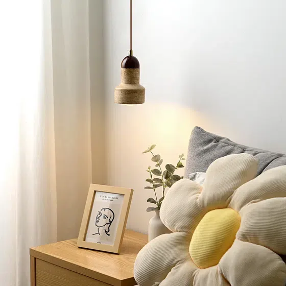 H18cm Natural Stone LED Pendant Lamp in Wood and Yellow Travertine, installed view