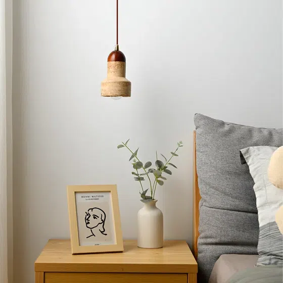 H18cm Natural Stone LED Pendant Lamp in Wood and Yellow Travertine, scale view
