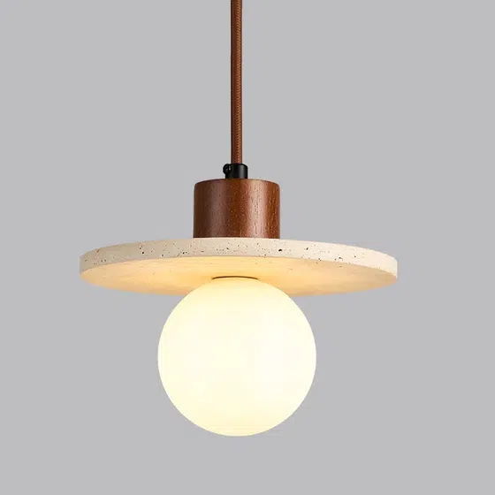 H18cm Stone Wood Pendant Light in Wood and Yellow Travertine, product photograph