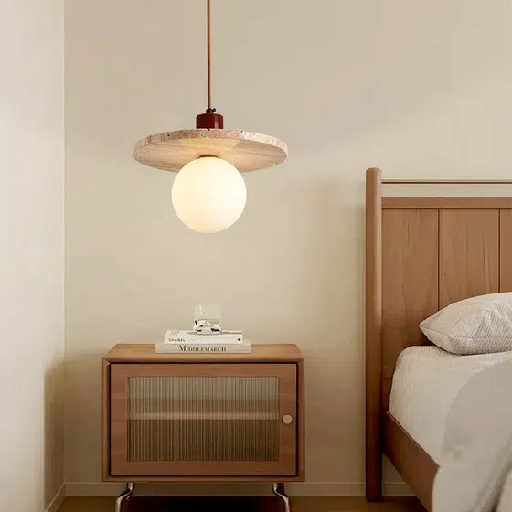 H18cm Stone Wood Pendant Light in Wood and Yellow Travertine, detail view