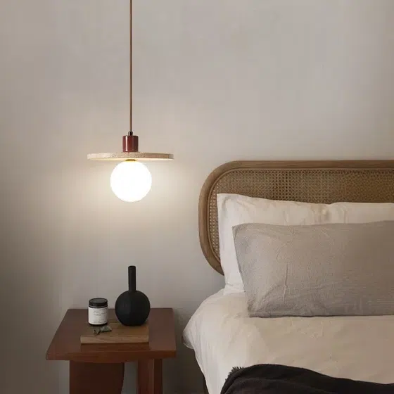 H18cm Stone Wood Pendant Light in Wood and Yellow Travertine, installed view