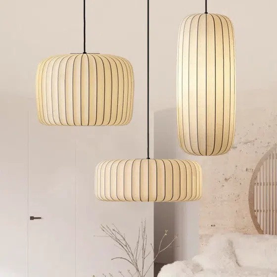 H25cm Lantern Silk Pendant Light in Iron and Silk, product photograph