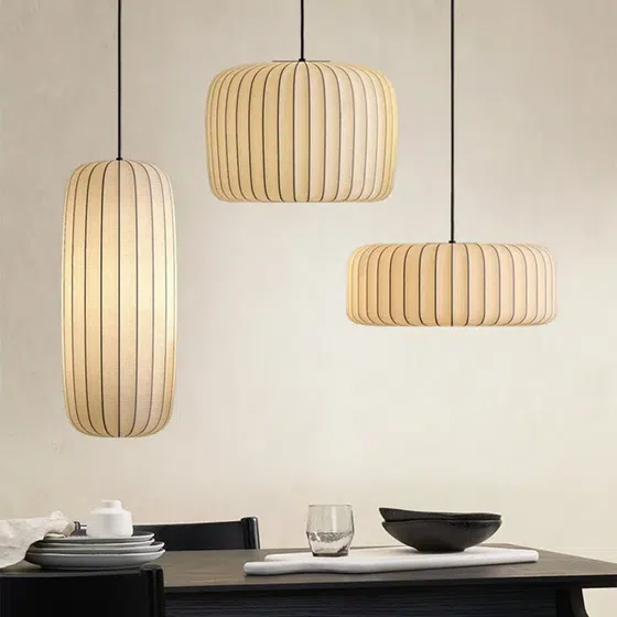 H25cm Lantern Silk Pendant Light in Iron and Silk, detail view