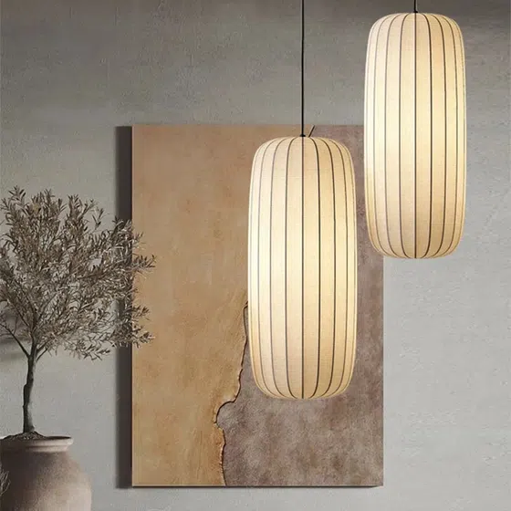 H25cm Lantern Silk Pendant Light in Iron and Silk, installed view