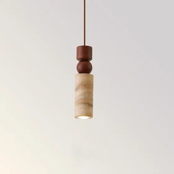 H28cm Vintage Yellow Travertine Pendant Lamp in Yellow Travertine and Wood and Metal, product photograph