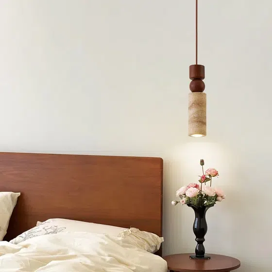 H28cm Vintage Yellow Travertine Pendant Lamp in Yellow Travertine and Wood and Metal, detail view