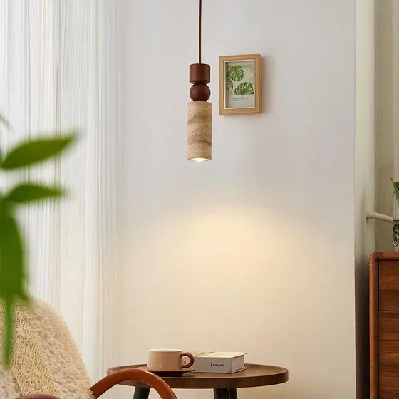 H28cm Vintage Yellow Travertine Pendant Lamp in Yellow Travertine and Wood and Metal, installed view