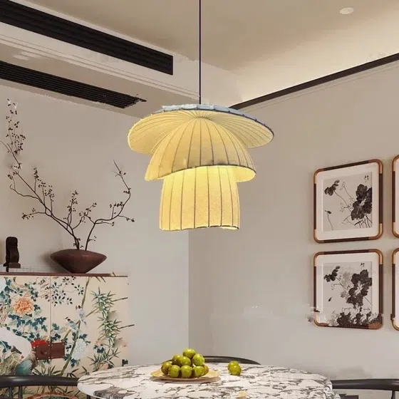 H30CM Warm White Silk Pendant Light in Iron and Silk, installed view