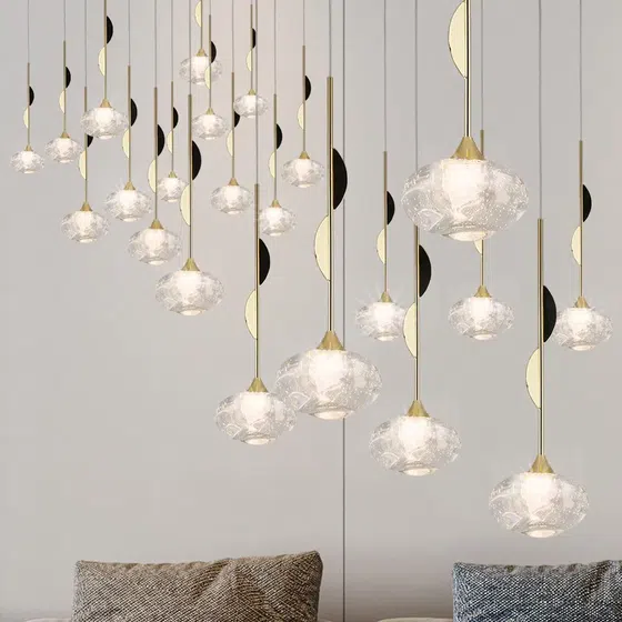 H36CM Golden Crystal Pendant Light in Iron and Crystal, detail view