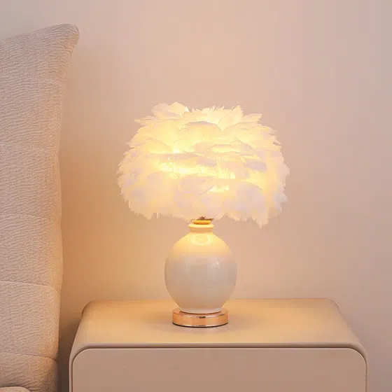 H40cm Colourful Ceramic Feather Table Light in Ceramic and Feather, product photograph