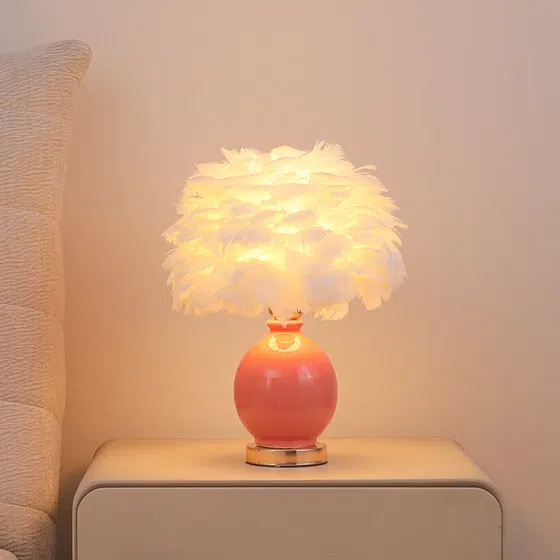 H40cm Colourful Ceramic Feather Table Light in Ceramic and Feather, detail view