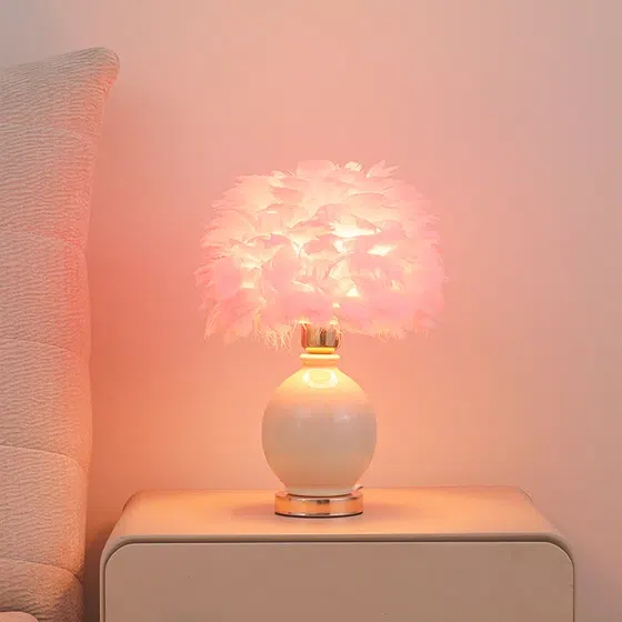 H40cm Colourful Ceramic Feather Table Light in Ceramic and Feather, installed view