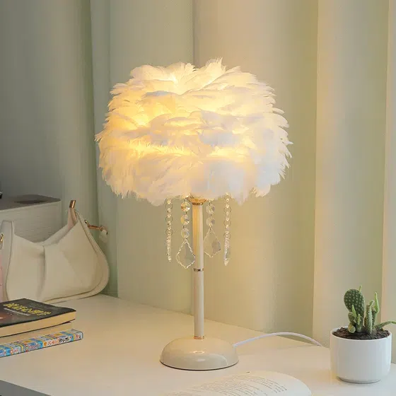 H48CM Hardware Feather Table Lamp in Hardware and Feather, product photograph