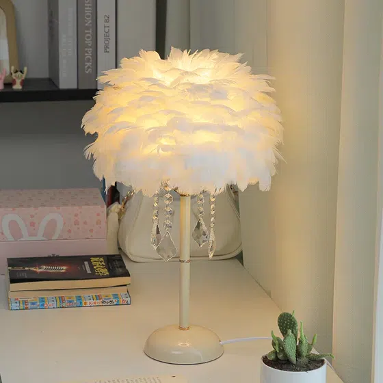 H48CM Hardware Feather Table Lamp in Hardware and Feather, detail view