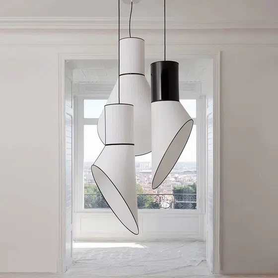 H65cm Iron Black White Fabric Pendant Lamp in Iron and Fabric, detail view