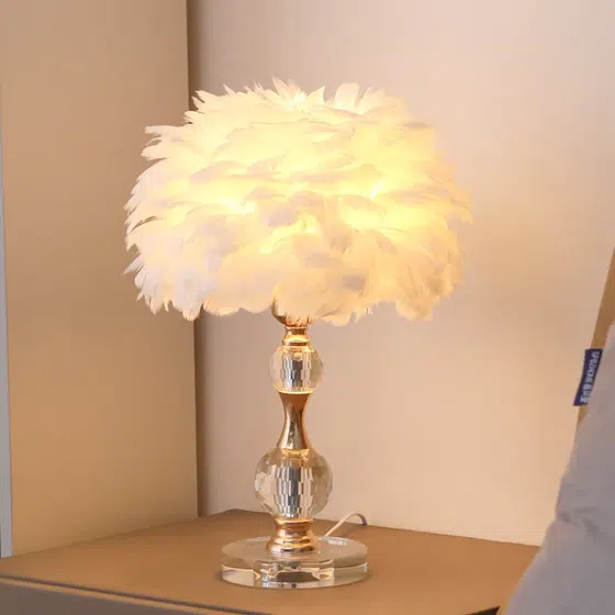H45cm Hardware Crystal Feather Table Lamp in Hardware and Crystal and Feather, product photograph
