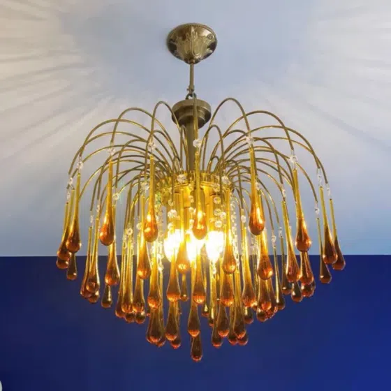 E14 Iron Water Drop Glass Pendant Lamp in Iron Plating and Glass, product photograph