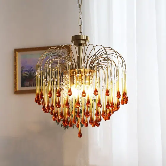 E14 Iron Water Drop Glass Pendant Lamp in Iron Plating and Glass, detail view
