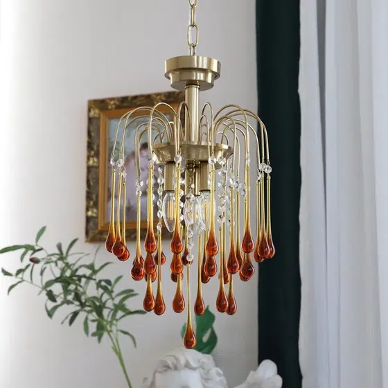 E14 Iron Water Drop Glass Pendant Lamp in Iron Plating and Glass, installed view